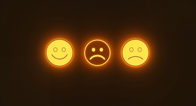 A glowing feedback interface showcases smiley, neutral, and sad face icons being selected, centered in a minimalistic environment with ample copy space