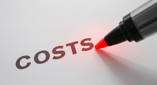 A declining bar graph highlighting Costs with a glowing red marker, visually depicting cost reduction strategies, featuring negative space for additional contextual text