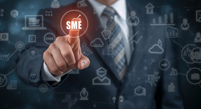 A businessman points toward an icon denoting SME growth, surrounded by various business-related imagery, symbolizing the development of small and medium enterprises with ample copy space