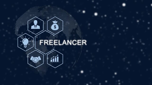 Digital freelancer concept featuring animated global network infographics with business financial growth symbols, and networking for modern corporate presentations and tech media