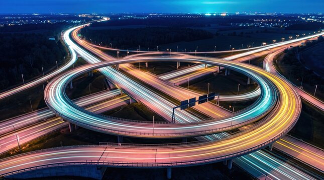 Curving highway interchange illuminated by colorful traffic trails