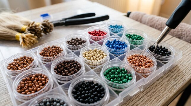 plastic organizer box filled with assorted colorful beads for crafting and hobby work on a wooden table