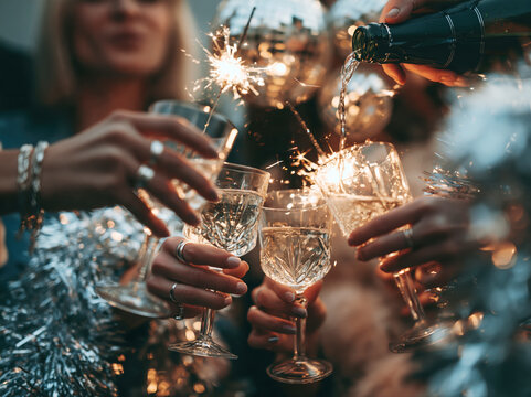 Festive New Year Toast with Sparkling Drinks