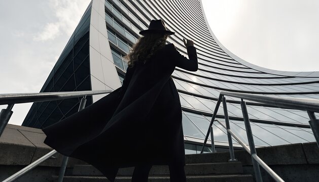 Woman in Black Coat and Hat Looking Up at Modern Skyscraper