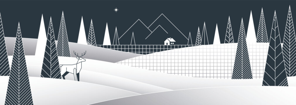 Minimalist geometric pines forest with reideer in winter wonderland at night banner modern retro style horizontal template.