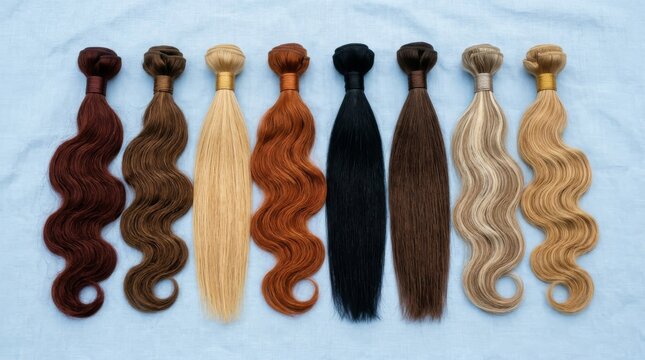 Colorful hair extension bundles arranged in a row on blue fabric surface