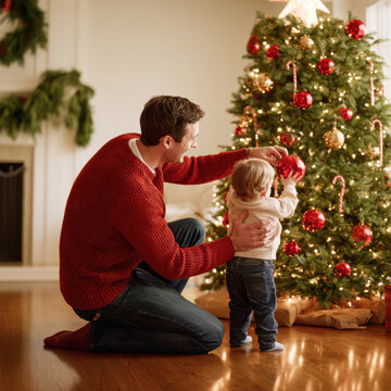 Father and Child Decorating Christmas Tree