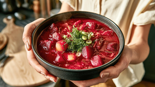 Traditional Beetroot Soup Served in Bowl