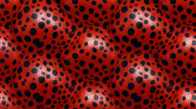 Red and black ladybug pattern with shiny textured surface and repeating polka dots for vibrant backgrounds and creative designs