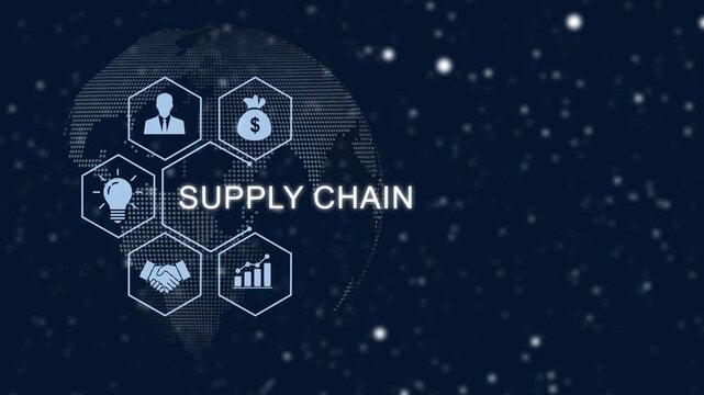 Digital supply chain management infographic animation featuring rotating global network financial growth graphs, and corporate strategy symbols on a dark blue abstract data background, for business