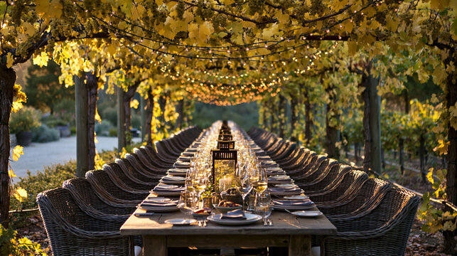 Long banquet table beautifully set for dinner under a vineyard arbor on white background