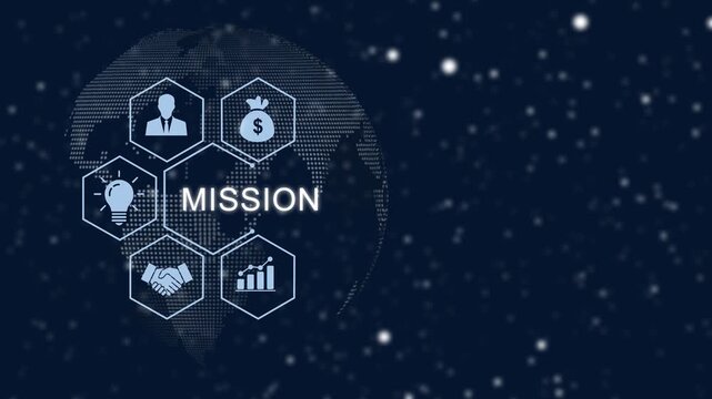 Corporate mission statement concept featuring animated digital globe with hexagonal business for strategy, global growth, financial success, innovation, and strategic partnership planning