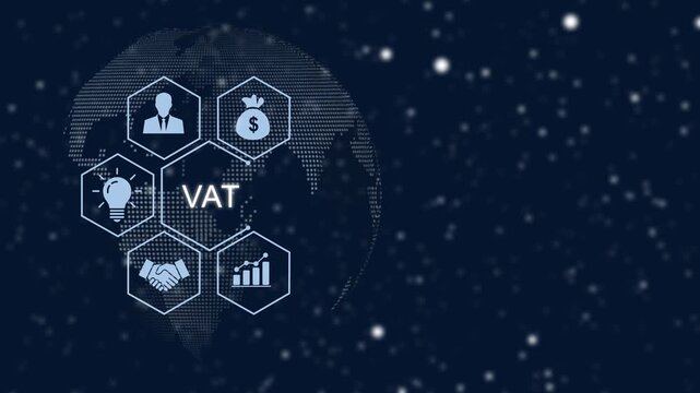 Digital motion featuring value added tax vat concept with animated global network financial growth symbols, and corporate data visualization for modern business tax accounting