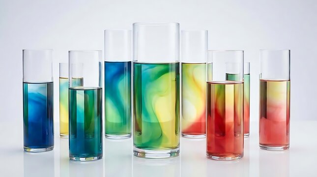 Tall glass cylinders with layered vibrant colored liquids.