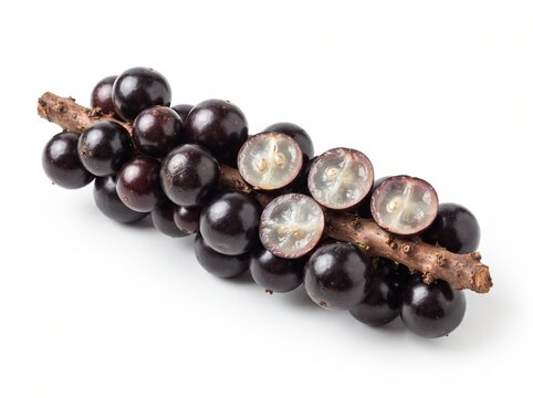 Fresh Jabuticaba Fruits on Branch Isolated on White Background &ndash; Brazilian Antioxidant Superfruit