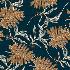 Tropical botanical seamless pattern featuring warm camel brown philodendron leaves, cream foliage branches, and berry sprigs on a deep navy blue textured background. © KARMA_BELIEVER