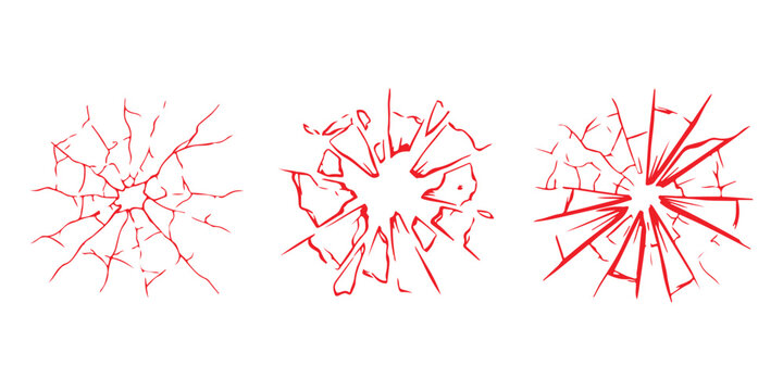 Set of three different red broken glass patterns with sharp cracks and shattered pieces effect