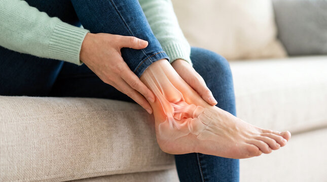 Woman experiencing ankle pain with anatomical overlay showing ankle joint, tendons and inflammation. Healthcare and orthopedic concept