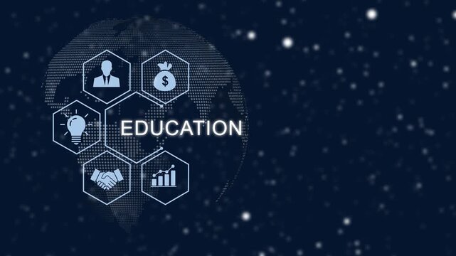 Digital education concept with animated global network and business featuring hexagonal infographics, financial growth symbols, and glowing particle background, for corporate e-learning presentations