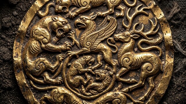 Ancient Scythian gold artifact with intricate mythical animal carvings and relief artwork