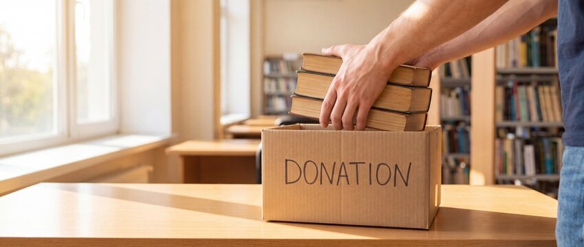 Person placing a stack of old books into a cardboard donation box on a table with labeled donation sitting person carefully places table room shelves stack hardcover philanthropy contribution