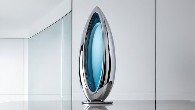 Sculptural chrome oval with blue glass center in minimalist white interior. Abstract calendar background for contemporary design. Modern art and technology decor concept. Design backdrop.