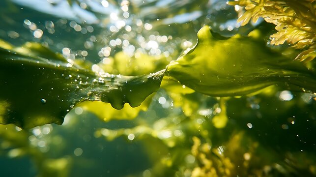 Underwater view of vibrant green sea lettuce algae floating in ocean sunlight.
