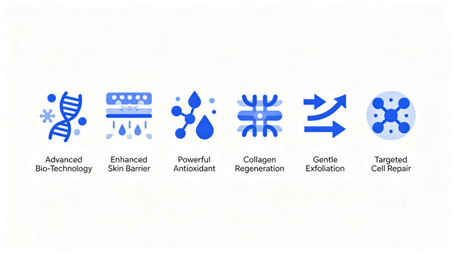 The blue flat skincare efficacy icon group represents biotechnology, antioxidant rejuvenation, and collagen regeneration, suitable for skincare product main images and e-commerce selling point modules