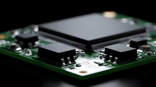 Close up of a green circuit board with black integrated circuits and metallic solder points under focused lighting