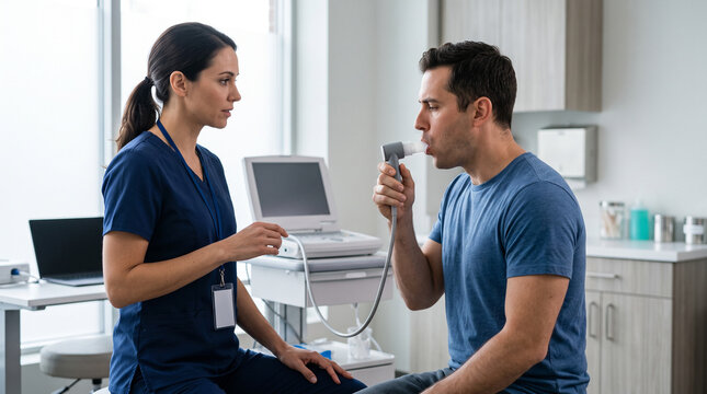 Pulmonary function technician performing spirometry test with adult patient in respiratory clinic, assessing lung function and guiding breathing technique for medical diagnosis and preventive care.