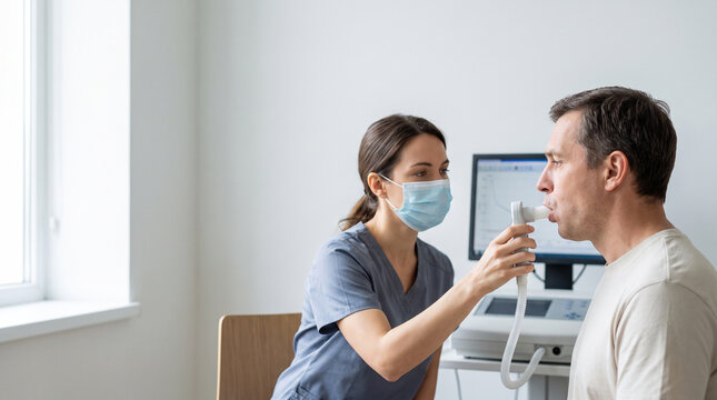 Adult patient completing lung function test with healthcare professional using spirometry equipment, representing respiratory health assessment, pulmonary testing and clinical patient care.