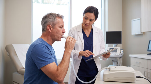 Pulmonary function technician performing spirometry test with adult patient in respiratory clinic, assessing lung function and guiding breathing technique for medical diagnosis and preventive care.