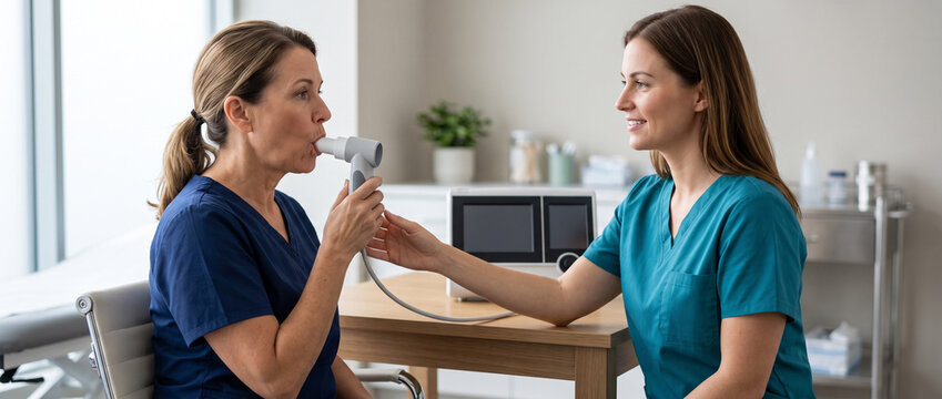 Pulmonary function technician performing spirometry test