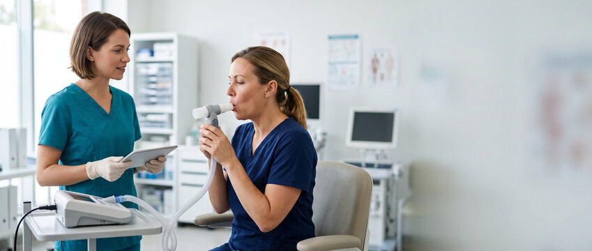 Adult patient completing lung function test with healthcare professional using spirometry equipment, representing respiratory health assessment, pulmonary testing and clinical patient care.