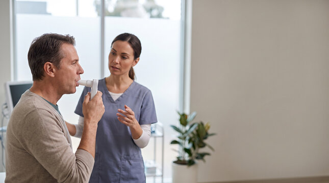 Pulmonary function technician performing spirometry test with adult patient in respiratory clinic, assessing lung function and guiding breathing technique for medical diagnosis and preventive care.
