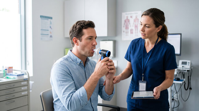 Adult patient completing lung function test with healthcare professional using spirometry equipment, representing respiratory health assessment, pulmonary testing and clinical patient care.