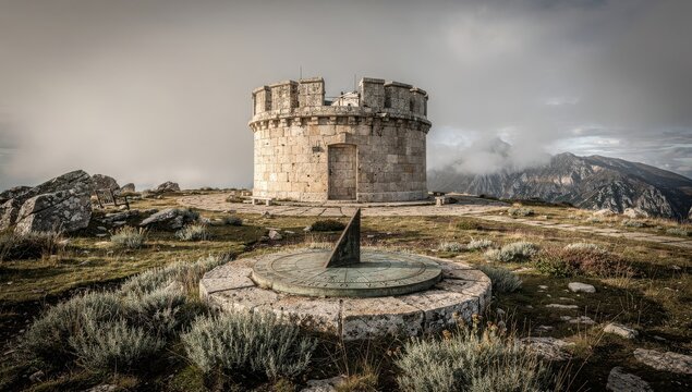 Sundial stands prominently in the foreground before an ancient stone watchtower situated on a windswept mountain peak, creating a historical scene that symbolizes the passage of time in nature.