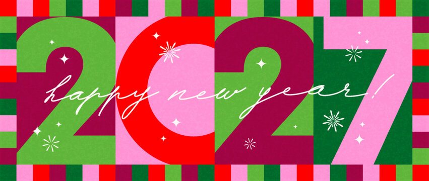 Happy New Year 2027 Colorful Retro Geometric Typography Greeting Card with Sparkles