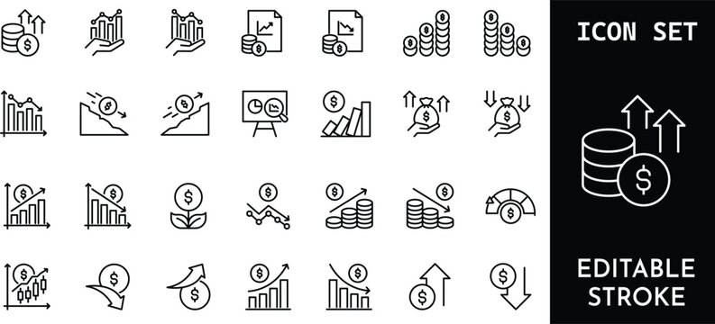 Collection of financial growth and money investment line icons.
