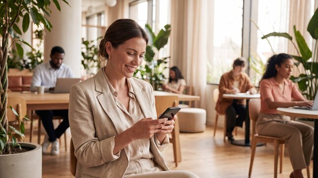 Woman using smartphone in plant-filled modern lounge workspace   