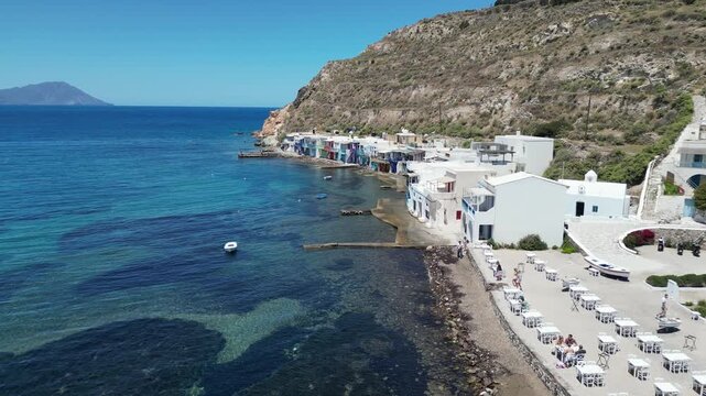 Low Aerial View of Klima Village and Aegean Sea, Milos, Greece