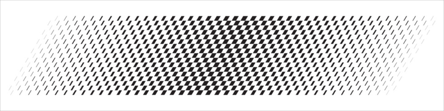 Abstract black and white geometric halftone border, fading diagonal checkerboard pattern, dynamic sport racing speed banner vector element.
