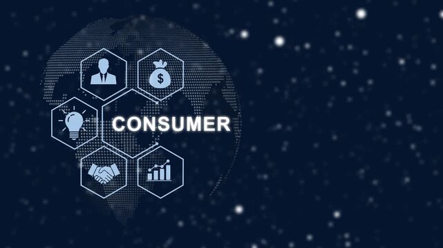 Digital consumer behavior and global market trends concept featuring a rotating earth hologram with interactive business financial growth symbols, and modern marketing strategy infographics overlay