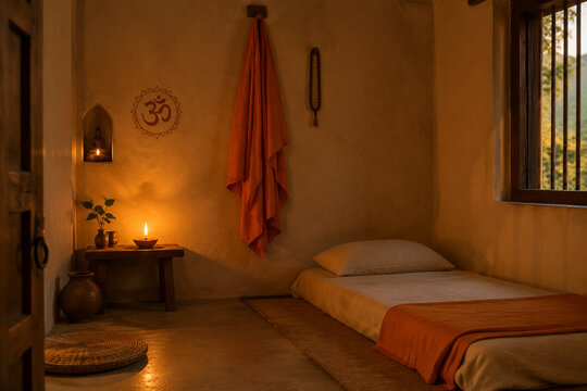 An Indian ashram room with an orange robe on the wall, lit by candlelight.
