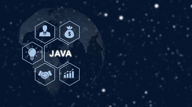 Java programming language software development concept with digital globe interface, hexagon business growth analytics, and global network connectivity for modern tech presentations and it solutions