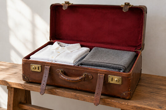 Open vintage leather suitcase with folded shirts and blanket, travel and nostalgia concept