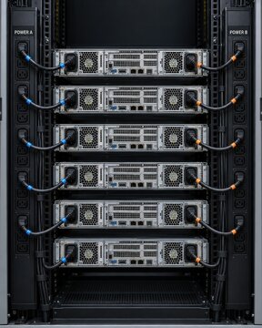 Redundant dual pdu power supply connected to server rack units in datacenter