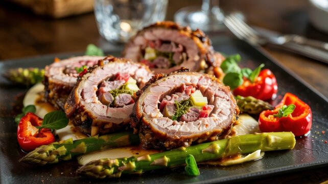 German cuisine. Rinderrouladen. Traditional beef meat rolls filled with bacon, onions, and pickles, portioned and served with asparagus.