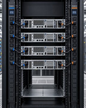 Redundant dual pdu power supply connected to server rack units with expansion space in datacenter