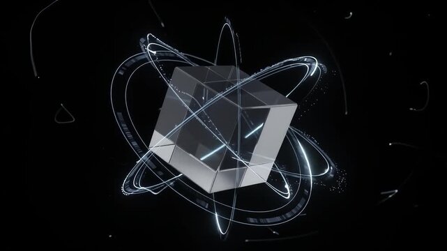 Rotating 3D cube with glowing digital light rings on a black background